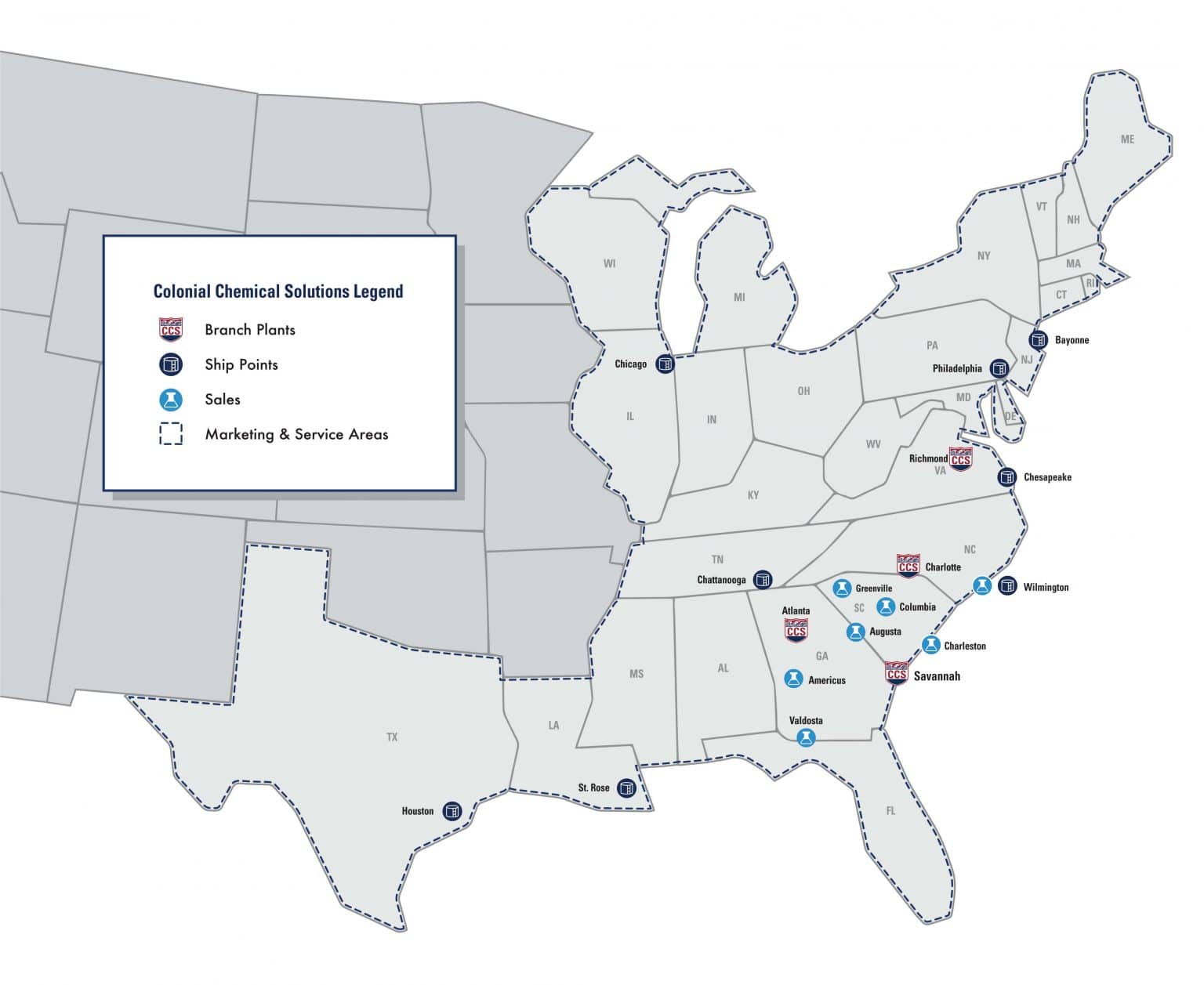 Service Area - Operation Map - Colonial Chemical Solutions